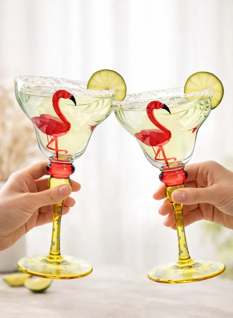 1Chase Clear Hand Painted Margarita Glasses Moroccan Collection, Flamingo Design 270ML Set of 2, Artisan Decorative Cocktail Glassware, Unique Kitchen Table Décor Glasses  | Best Price UAE